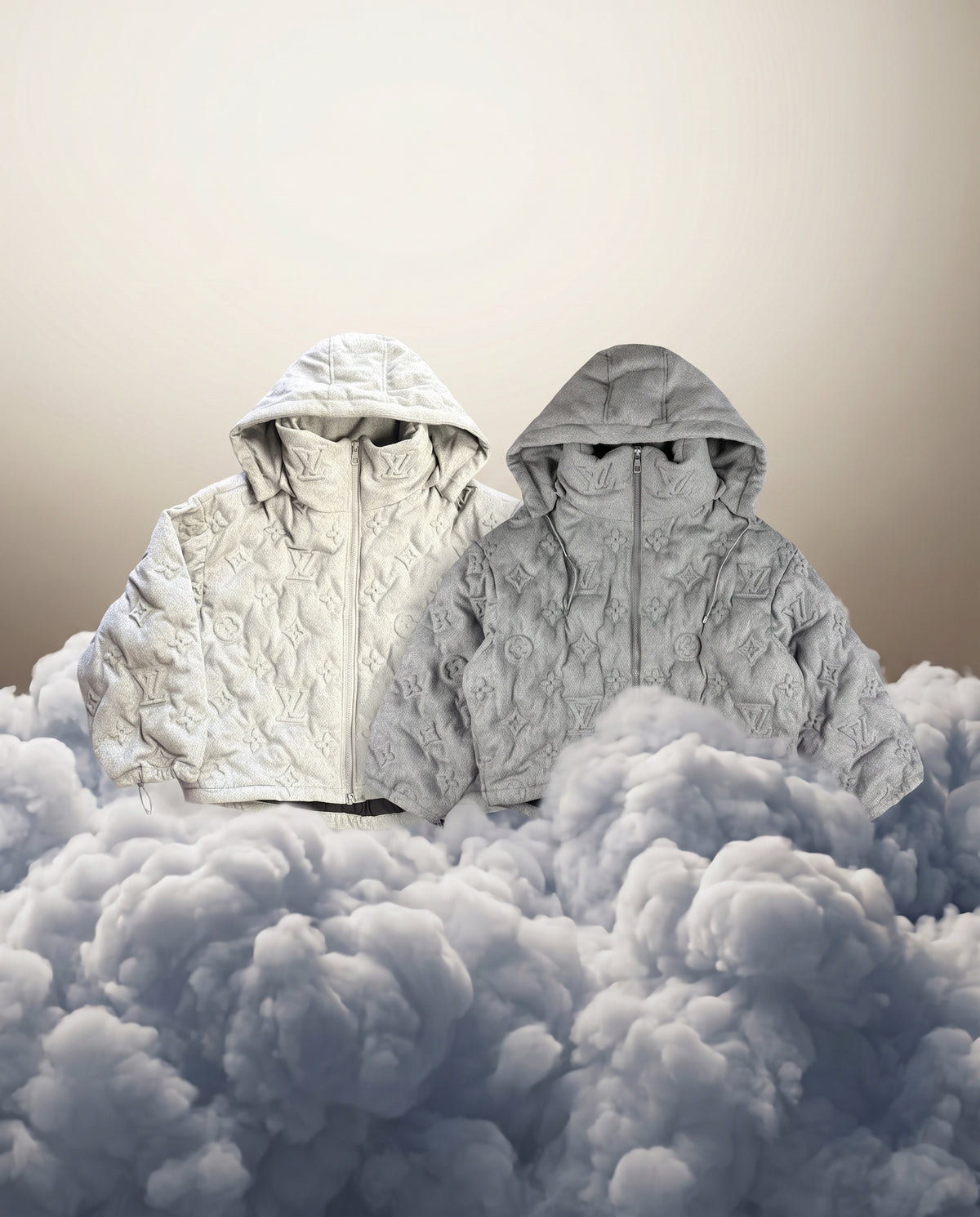 Doudounes Louis Vuitton posées sur des nuages