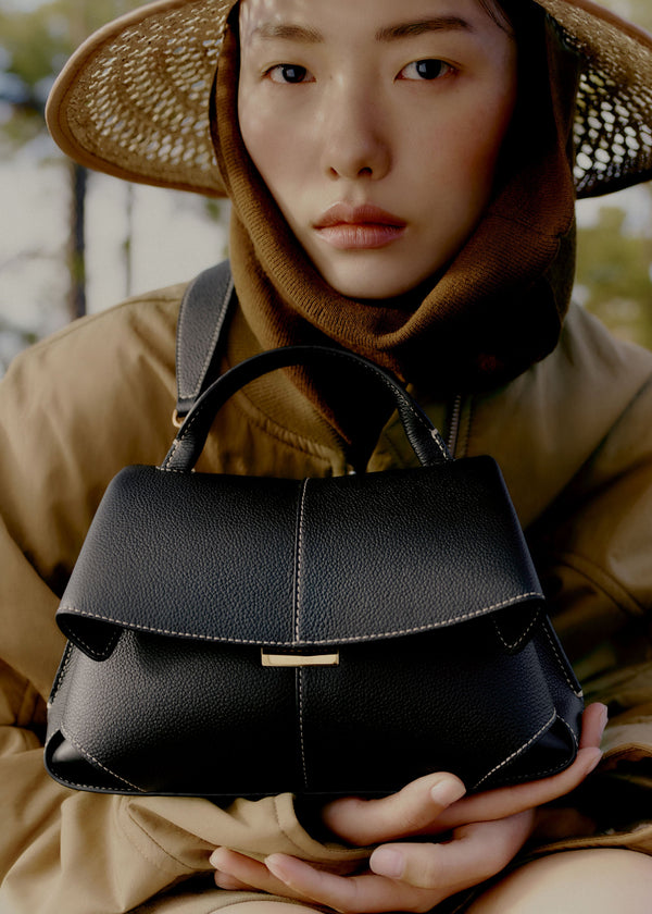 Polène Bag Mokki Mini Grained Écru Stitching Black