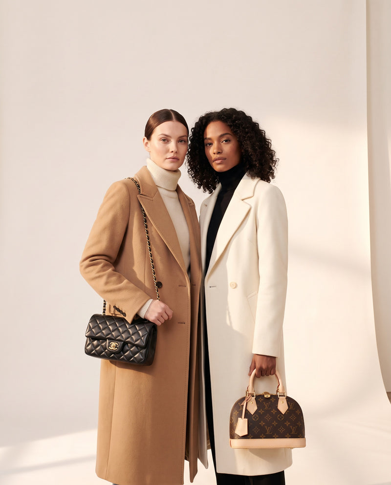 Deux femmes en manteaux d'hiver avec un sac Chanel et un sac Louis Vuitton Alma
